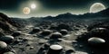 The lunar colony, modular habitats, solar panels, lunar rovers exploring the rugged terrain.