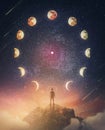 Lunar eclipse and moon phases circle on the night sky and a curious person watching the mysterious phenomena. Astrological signs Royalty Free Stock Photo