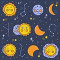 Lunar eclipse phases. Stars and constellations. Hand drawn vector Royalty Free Stock Photo