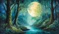 Lunar Illumination: A Serene Moonlit Forest Adorned with Bioluminescent Plants