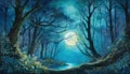 Lunar Illumination: A Serene Moonlit Forest Adorned with Bioluminescent Plants