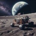 Lunar lander moves across moon surface, with planet in background
