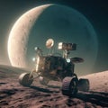 Lunar lander moves across moon surface, with planet in background