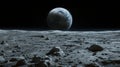 A lunar landscape, with the moon's barren surface and distant Earthrise.