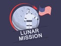 Lunar mission. Astronaut with american flag on the moon. Rocket flying around the moon. Vector