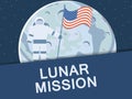 Lunar mission. Astronaut with american flag on the moon. Vector