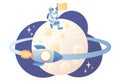 Lunar mission space exploration. Tiny astronauts in space. Spaceship travel to moon. Rocket flying around Moon orbit