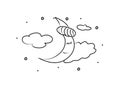 Lunar month is sleeping, hand drawing coloring book. Modern doodle contour illustration black