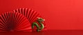 Lunar New Year 2024 background. Chinese dragon with red paper fans on red background