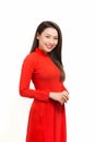 Lunar New Year celebrations. Portrait of Vietnamese woman dress in ao dai