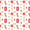 Lunar New Year decorative pattern. Watercolor hand drawn elements: lanterns, firecrackers, fans, lucky coins. Decorative vector ba