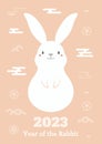 2023 Lunar New Year kawaii rabbit, flowers, clouds