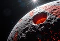 Lunar or other planet surface with glowing molten crater and red ejecta under starlight Royalty Free Stock Photo