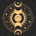 Lunar phase and mystic dreaming sun with closed eyes, astrology symbol, sun with face and moon, tarot magic and mystery