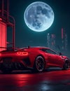 Lunar Radiance Ride: High-Definition Red Sports Car Amid Cyberpunk Factory