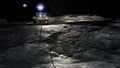 Lunar rover on the moon surface illuminates the craters. Planet Earth visible in the distance. Space exploration concept. Royalty Free Stock Photo