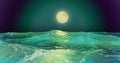 Lunar seascape. night stars moonlight path sea waves greenish color