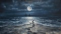 Lunar Secrets: Enigmatic Beach by Moonlight./n