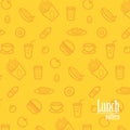 Lunch Background. Seamless Pattern With Line Icons of Food Like Sausage, Salad, Porridge, Soup, Sandwich, Potatoes, Tomato etc. Royalty Free Stock Photo