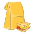 Lunch bag and sandwich icon, cartoon style