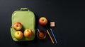 a lunch box brimming with organic treats, a water bottle, a rucksack, and neatly arranged stationery against a