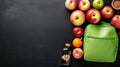 a lunch box brimming with organic treats, a water bottle, a rucksack, and neatly arranged stationery against a