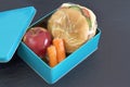 Lunch box , cheese sandwich, apple and carrots