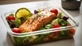 Lunch box containers with grilled salmon fish fillet, rice and salad Royalty Free Stock Photo