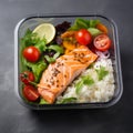 Lunch box containers with grilled salmon fish fillet, rice and salad Royalty Free Stock Photo