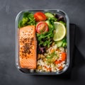 Lunch box containers with grilled salmon fish fillet, rice and salad Royalty Free Stock Photo