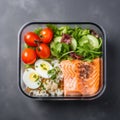 Lunch box containers with grilled salmon fish fillet, rice and salad Royalty Free Stock Photo