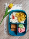 a lunch box containing rice, shredded eggs, tempeh and crackers