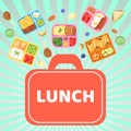 Lunch box with food banner vector illustration. Plastic containers with meal for school, work, university. Eggs with