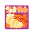 Lunch box with food, divided plastic tray with fruit and cookies, omelet with fried bacon