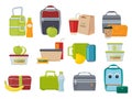 Lunch box. Fruits and vegetables for kids dinner lunch drinks and foods banana juice sandwich product packages vector