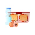 Lunch Box with Healthy Food, Two Sandwiches, Peach and Bottle of Water, School Lunch in Container Vector Illustration