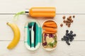 Lunch box with healthy food on white table background Royalty Free Stock Photo