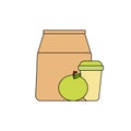 Lunch box: paper bag, green apple and coffee in a paper cup. healthy breakfast, healthy lifestyle