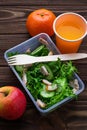 Lunch box with salad, apple, tangerine and juice. Royalty Free Stock Photo