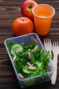 Lunch box with salad, apple, tangerine and juice. Royalty Free Stock Photo