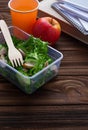 Lunch box with salad, apple, tangerine and juice. Royalty Free Stock Photo