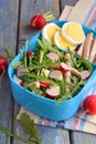 Lunch Box with salad of fresh vegetables - arugula, radish, feta cheese, ham, egg and sesame with flat bread tortilla. Healthy foo Royalty Free Stock Photo