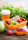 Lunch box with sandwich, cookies, veggies and fruits Royalty Free Stock Photo