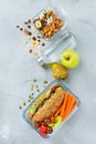 Lunch box with sandwich, fruits, vegetables, nut mix and water