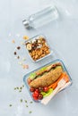 Lunch box with sandwich, fruits, vegetables, nut mix and water