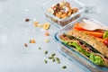 Lunch box with sandwich, fruits, vegetables, nut mix and water