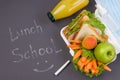 Lunch box at school and office on a dark background. Chalk writing Lunch School. Social distance, stay safe. Hygiene and Royalty Free Stock Photo