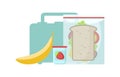 Lunch box and school snack food banana, tasty sandwich, yogurt with strawberry isolated on white background.