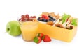 Lunch box of tasty healthy food and glass with juice isolated on white. School dinner Royalty Free Stock Photo