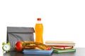 Lunch box with tasty sandwich, bottle Royalty Free Stock Photo